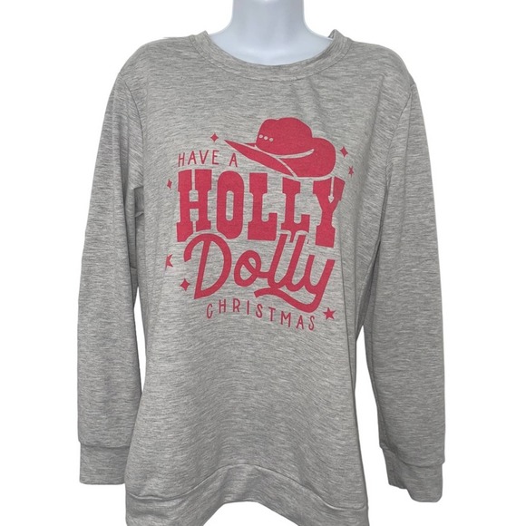 DOLLY PARTON HAVE A HOLLY DOLLY CHRISTMAS Gray Crew Neck Sweatshirt Size Medium - Picture 1 of 10